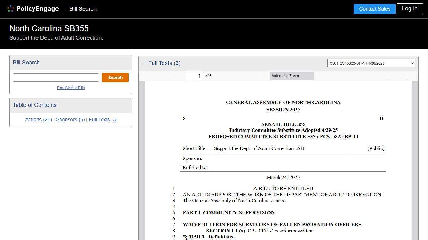 SB355 | North Carolina 2025-2026 | Support the Dept. of Adult Correction. - Legislative Tracking | PolicyEngage